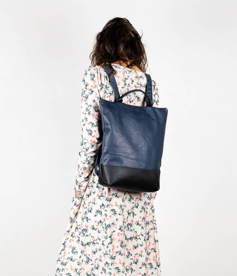 Anti-Diebstahl-Schwarz Und Blau Leder Rucksack Geldbörse Frauen, Laptop Rucksack, Handgemachte Lederrucksäcke, Reißverschluss Reise Sicher Rucksäcke von Nubuckcuir