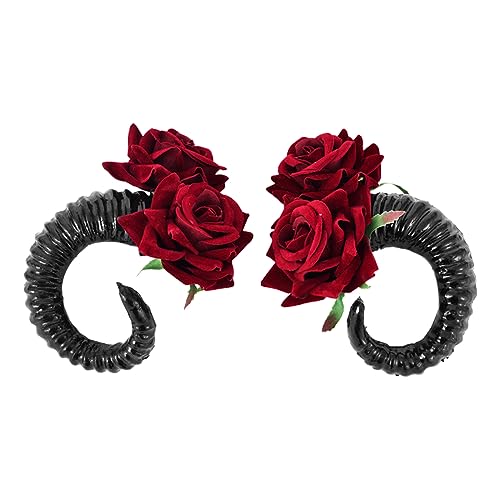 Cosplay Schafhorn Haarspange mit Rose Halloween-Party Kostüm Haarschmuck Gothic Schafhorn Haarnadeln Party Requisiten von Nucelit