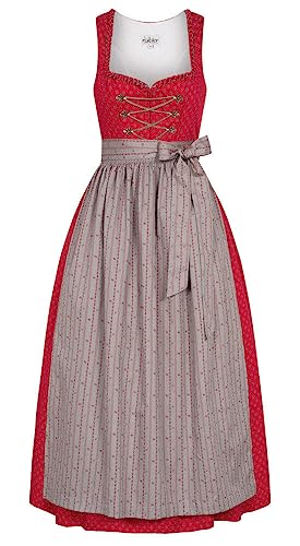 Nübler Dirndl lang Damen THEA Rot - 2-teiliges Set inkl. Kleid & geblümter Schürze mit Satinband - Festliche bayrische Tracht mit Herzausschnitt, Blumenmuster & Rocklänge 90 cm, Größe:36 von Nübler