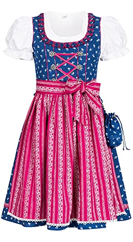 Nübler Kinderdirndl 3-TLG. Demi - Mädchen Dirndl Set mit Bluse & Pinker Schürze, Traditionelle Tracht in Blau mit Blumenmuster, Runder Ausschnitt mit Froschmaulborte, Größe:92 von Nübler