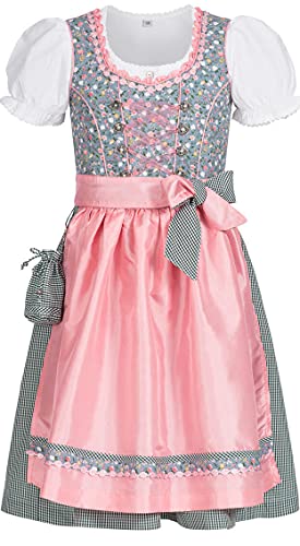 Nübler Dirndl Mädchen Nicky - 3-teiliges Set mit Dirndlkleid, Trachtenbluse & Schürze im traditionellen Stil - Original bayerische Tracht, Hochwertige Qualität, Blau-Rosa, Größe:140 von Nübler