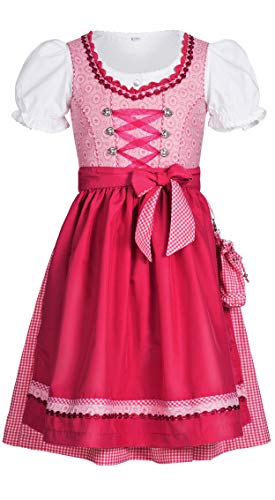 Nübler Dirndl Mädchen - 3 teiliges Set Dirndl Kleid mit Trachtenbluse und Schürze im traditionellen Stil - Moderne bayrische Tracht, Nuria Rosa Rosa Gr. 104 von Nübler