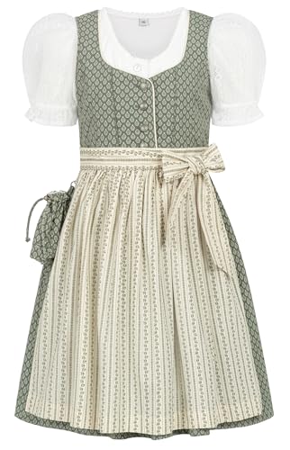 Nübler Dirndl Mädchen - 3 teiliges Set Dirndl Kleid mit Trachtenbluse und Schürze traditionell - Moderne bayrische Tracht, Fredericke in Salbei, Größe:128 von Nübler