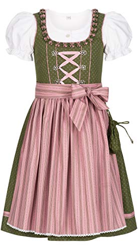 Nübler Dirndl Mädchen - 3 teiliges Set Dirndl Kleid mit Trachtenbluse und Schürze traditionell - Moderne bayrische Tracht, NABILA Oliv Oliv Gr. 158 von Nübler