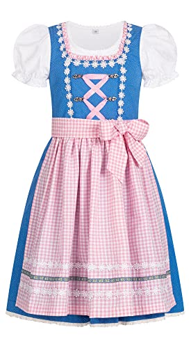 Nübler Dirndl Mädchen - 3 teiliges Set Dirndl Kleid mit Trachtenbluse und Schürze traditioneller Stil - Moderne bayrische Tracht, Lorena Blau Blau Gr. 122 von Nübler