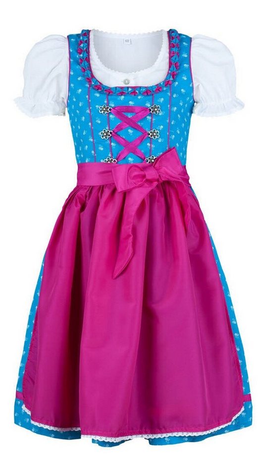 Nübler Dirndl Kinderdirndl 3-teilig Emilia in Türkis-Fuchsia von Nübler 3 teiliges Set aus Dirndl, Bluse und Schürze, Kinder Tracht im Original bayerischen Stil von Nübler