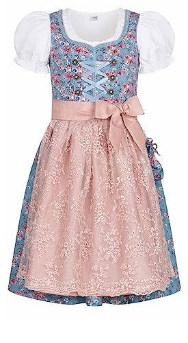 Nübler Dirndl Mädchen Jule Blau - 3-teiliges Set Dirndl Kleid mit Trachtenbluse und Schürze, traditionelle bayrische Tracht, Blümchen Miederhaken mit Glitzer, Netzschürze und Tasche, Größe:146 von Nübler