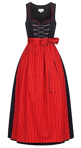 Nübler Dirndl lang Damen THEA Schwarz - 2-teiliges Dirndl Set inkl. Kleid und Schürze im Landhausstil, Rocklänge 90 cm, eckiger Ausschnitt, rotes Blütenmuster, Reißverschluss, Größe:34 von Nübler