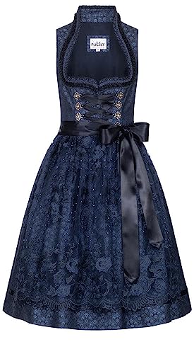 Nübler Dirndl midi Damen CORO Blau - 2-teilig Set mit Kleid und Schürze, Herz-Ausschnitt, Samtschürzenband, glänzendes Ornamentenmuster, Tüllschürze mit Blüten, ideal für Oktoberfest, Größe:38 von Nübler
