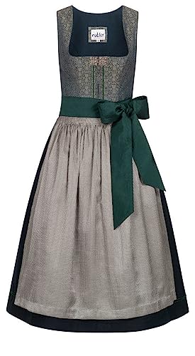 Nübler Dirndl midi Damen LEA Grün - 2-teiliges Set inkl. Kleid & glänzender Streifenschürze, Blumenmuster am Mieder, eckiger Ausschnitt mit Stoffborte, Rocklänge 70cm - Elegante Tracht, Größe:54 von Nübler