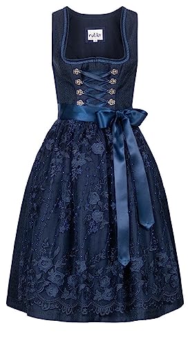 Nübler Dirndl midi Damen GLORIA Blau - 2-teilig Set mit Kleid und Schürze, Jacquard Ornamentik, Tüllschürze mit Blüten und Perlen, Reißverschluss, Rocklänge 60cm, ideal für festliche Anlässe, Größe:40 von Nübler