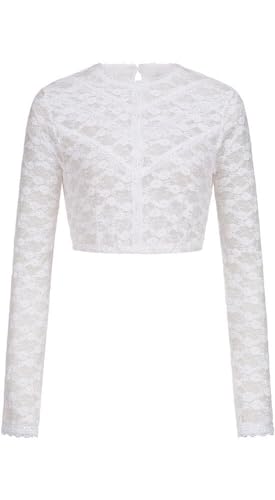 Nübler Dirndl Bluse Damen - Langarm Trachtenbluse Langarm mit Spitze, hochgeschlossen, im Landhaus Stil - Moderne bayrische Tracht, Dirndlbluse Esther in weiß, Größe:38 von Nübler