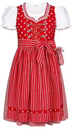 Nübler Kinderdirndl 3-TLG. Larissa, Rot - Baumwolldirndl mit gerüschtem Ausschnitt, Schürze mit Blumenranken, ideal für Feste, Hochzeiten, Wiesn und mehr, inklusive Dirndlbluse, Größe:158 von Nübler