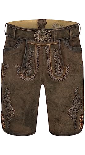 Nübler Lederhose kurz Luther Dunkelbraun - Premium Wildbock-Velours mit feinen Plattstickereien - Komplett-Set inkl. Ledergürtel mit Hirsch-Wappen - Hoher, Größe:48 von Nübler