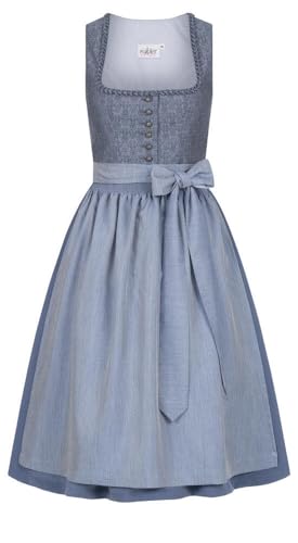 Nübler Dirndl midi Damen - 2 teilig inkl. Kleid und Dirndl Schürze im Landhausstil, Rocklänge 70cm - Moderne bayrische Tracht, ELSA Rauchblau, Größe:42 von Nübler