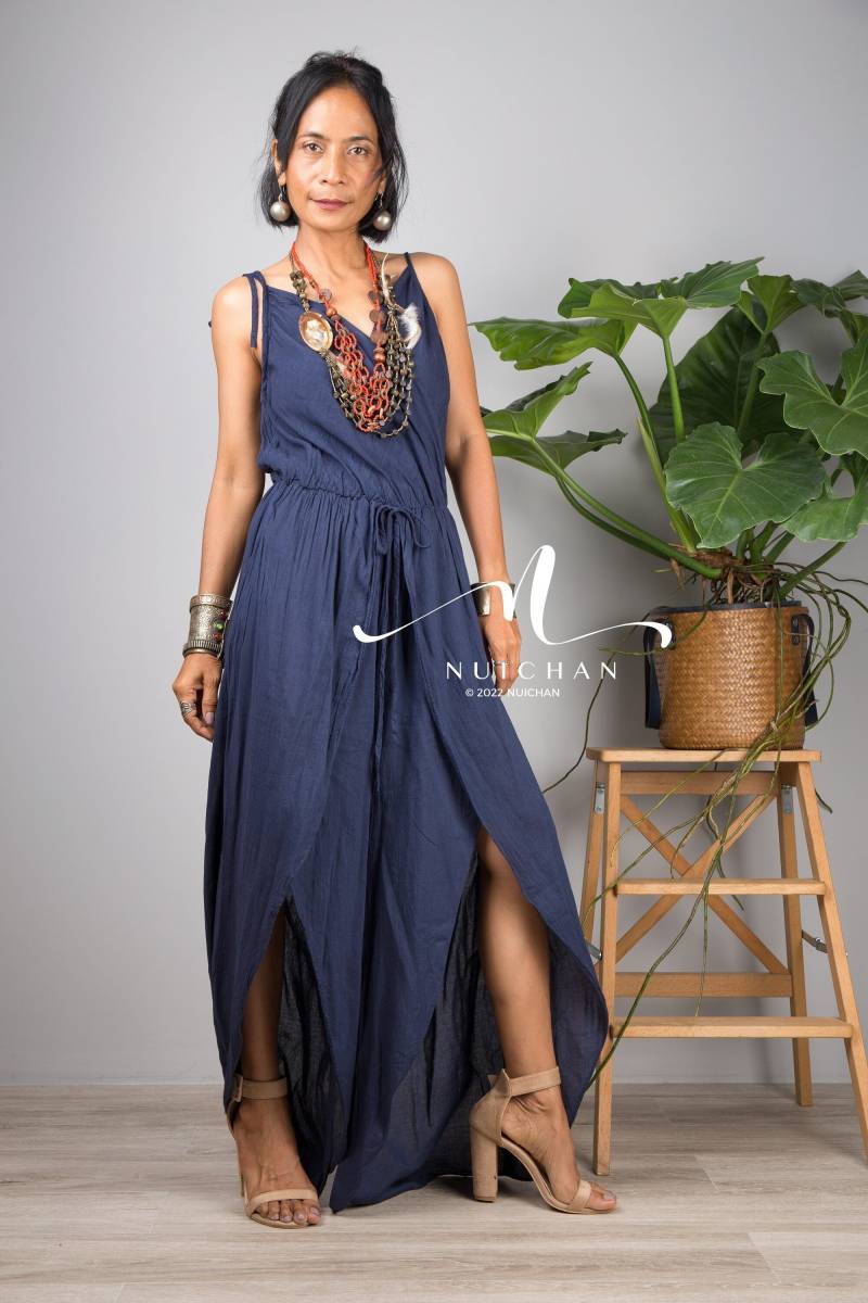 Blauer Overall Aus Baumwoll-Musselin, Boho High Split Sommerkleid von Nuichan