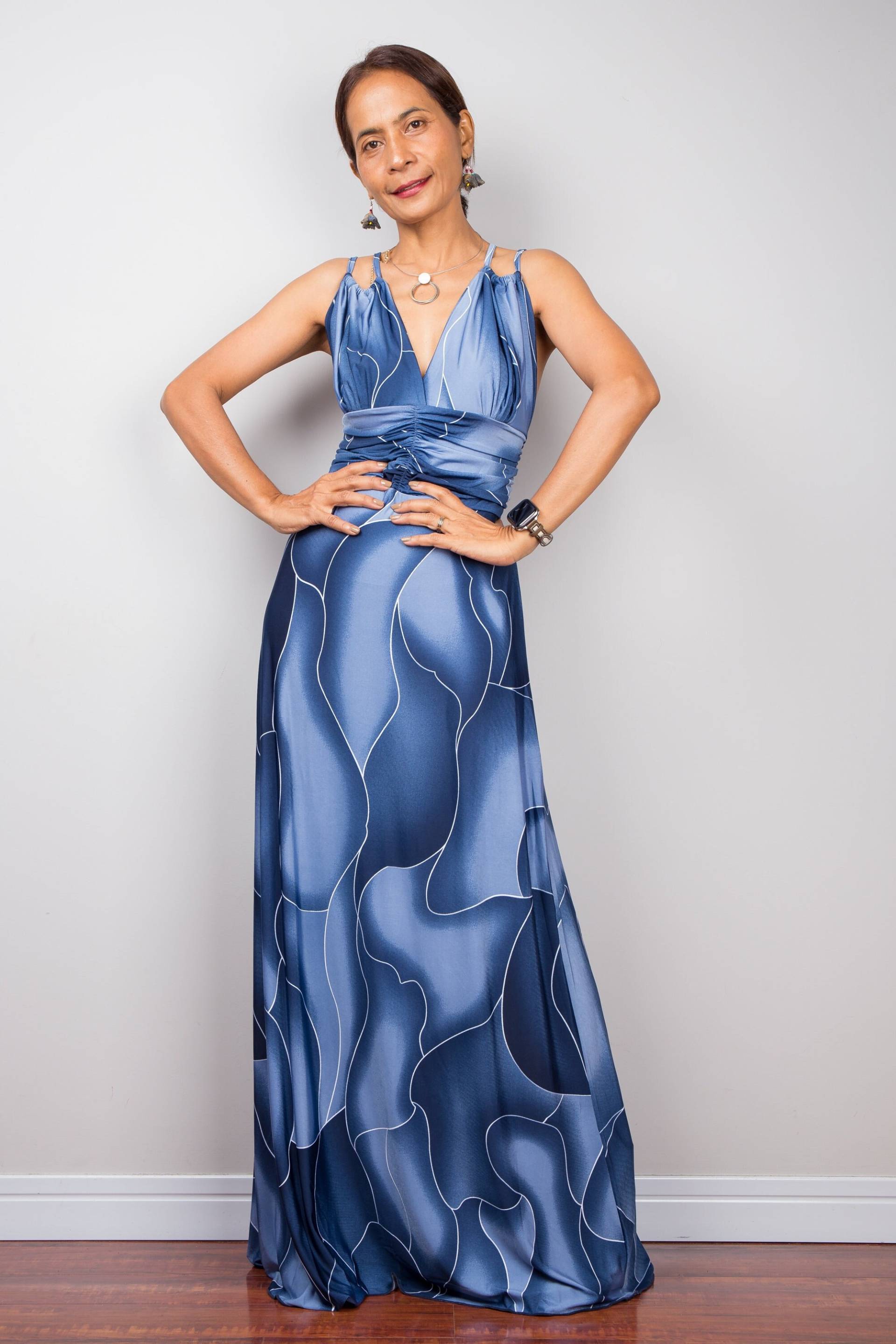 Blaues Maxikleid, Trägerkleid Für Anlass, Gala-Abendkleid, Cocktailkleid Mit Hoher Taille, Kleid Offenem Rücken, Urlaubskleid von Nuichan