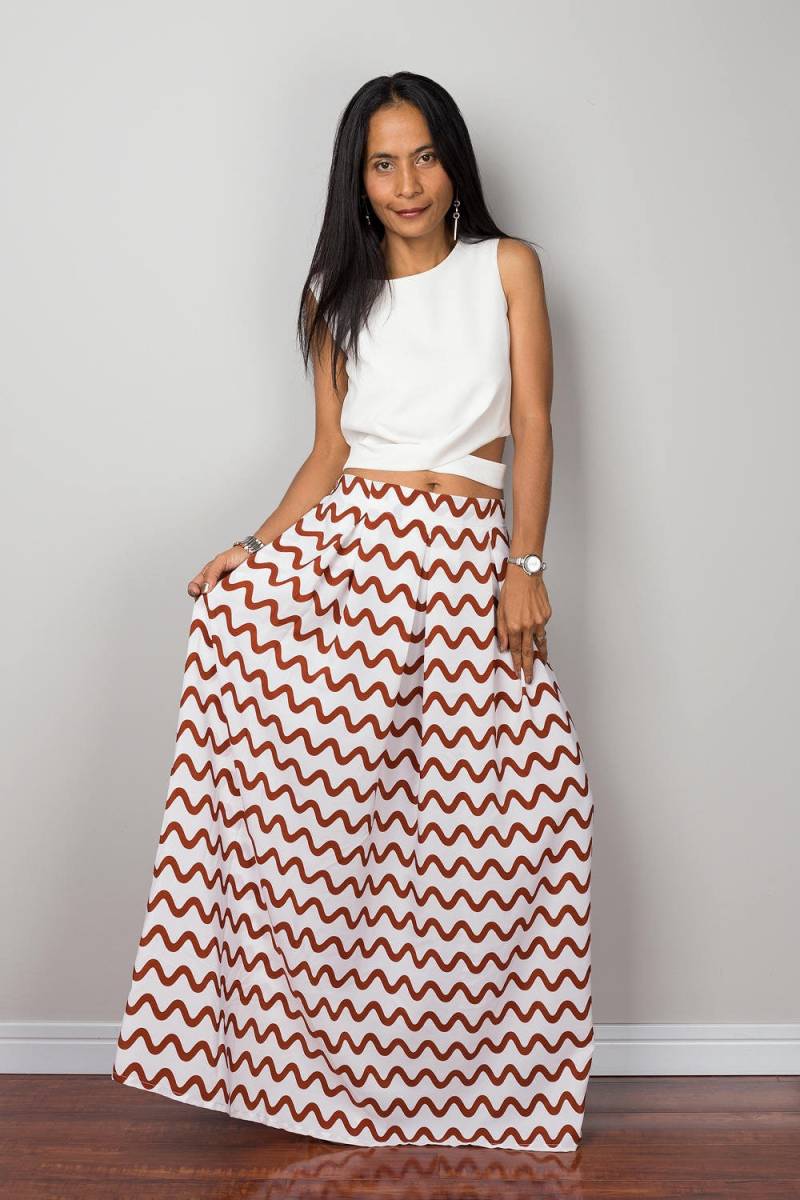 Damen Rock Mit Hoher Taille Maxi Chevron Muster | Braun-Weißer Bodenlanger Feel Good Collection No.3 von Nuichan