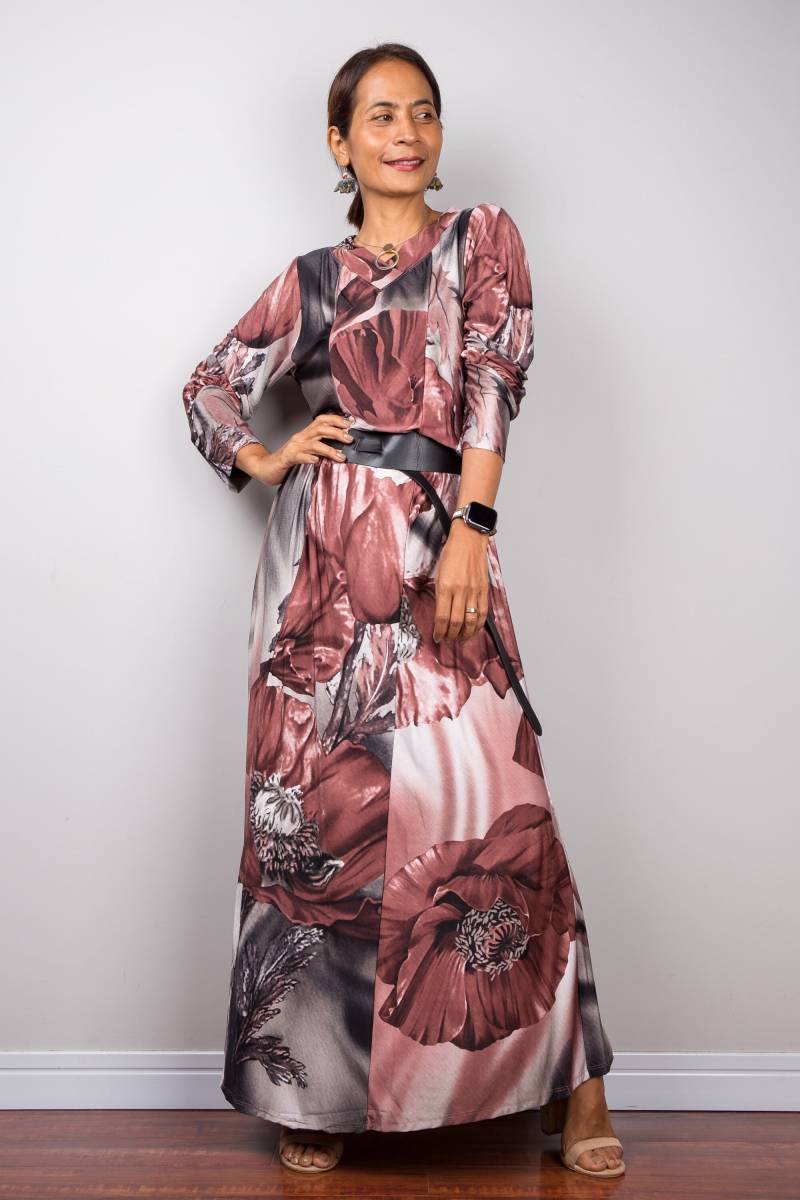 Floral Maxi Kleid Mit Langen Ärmeln, Locker Geschnittenes Blumen Print Kleid, Boho V-Ausschnitt von Nuichan