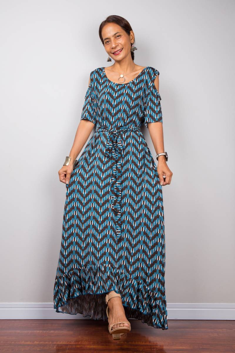 Kaltes Schulterkleid, Maxikleid Mit Kurzer Front Und Offenem Schulterdesign, Loose Fit-Röhrenkleid, Chevron-Kleid von Nuichan