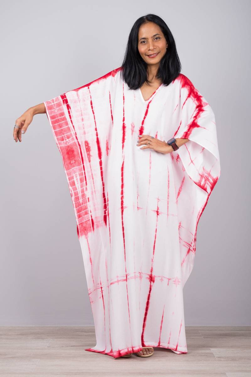 Roter Tie Dye Kaftan, Kaftan Kleid, Rot-Weißes Maxi Kleid Mit Taschen, Boho Festival Übergroßes Röhrenkleid von Nuichan