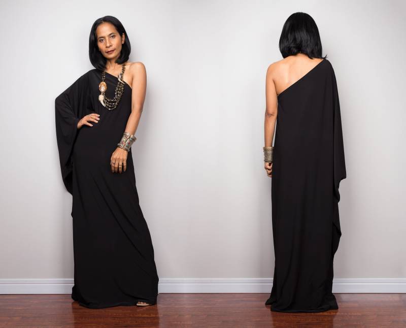 Schwarzes Maxi Maxikleid Mit Einer Schulter, Wendekleid von Nuichan