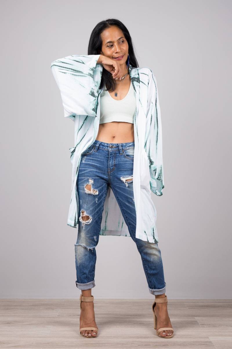 Shibori Kimono Robe, Krawattenfärbchen Weste, Sommerweste, Grün Und Weiß, Wickel Cape, Langarm Cardigan, Strandbezug von Nuichan