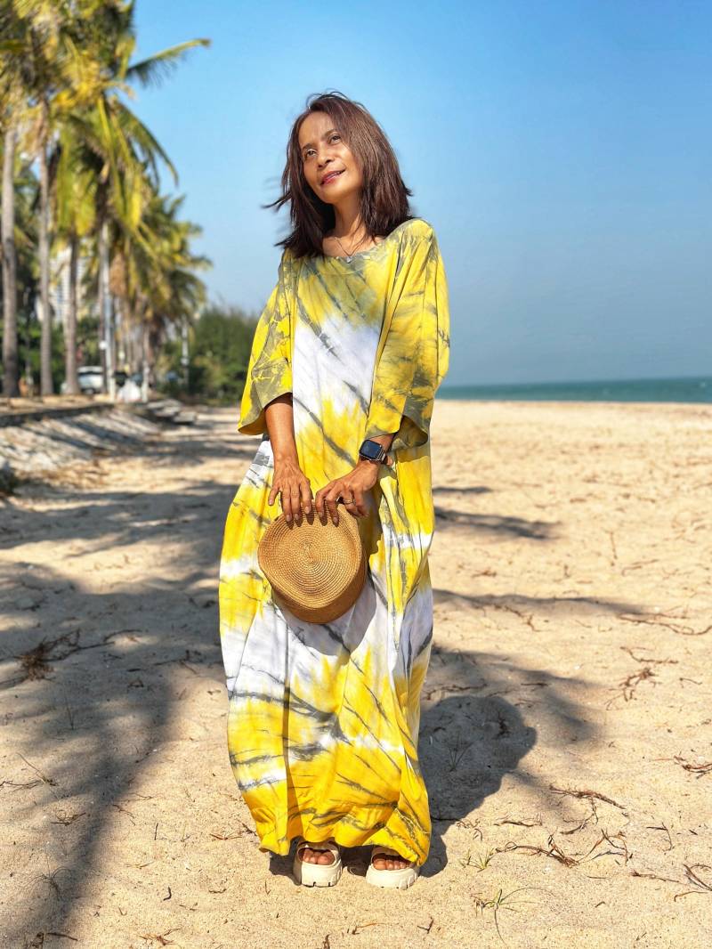 Tie Dye Kaftan Kleid, Gelb Graues Maxi Kleid Mit Taschen, Boho Festival Oversized Röhrenkleid, Shibori von Nuichan