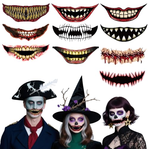 10 Blatt Halloween Mund Tattoos - Temporäre Grusel-Gesichtstattoos für Party & Cosplay - Realistische Wunden & Narben Aufkleber - Schnellhaftend & Hautfreundlich (Schwarz/Rot, für Kinder/Erwachsene) von Nujvnuj