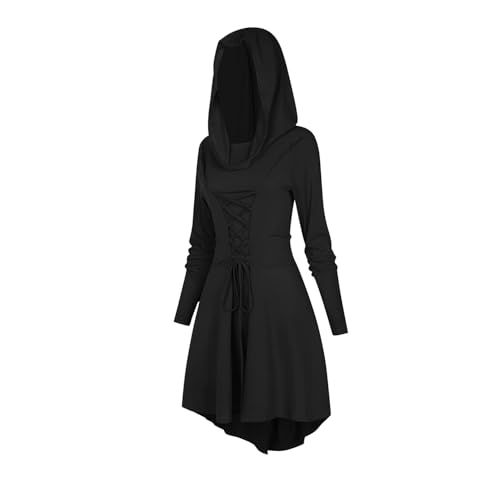 Nujvnuj Gotisches Mittelalterkleid Damen – Tägliches Kapuzenkleid mit Bindegürtel-Design für Karneval, Steampunk-Partys und Themenabende (Schwarz, S) von Nujvnuj