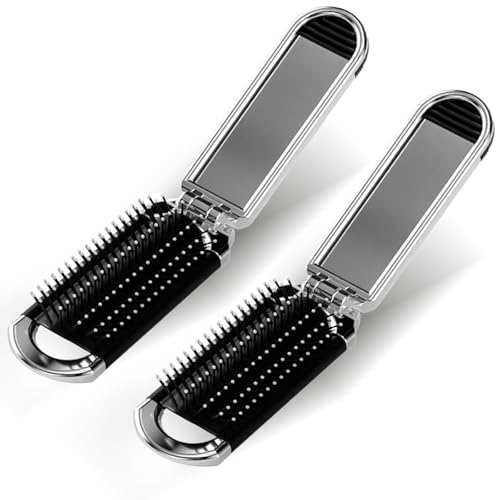 Nujvnuj Mini Haarbürste mit Reise Spiegel 2 Stück Silber Mini Haarmassagekamm Pocket Reisebürste Klapp Tragbare Haar-Styling Klappkamm für Männer Mädchen von Nujvnuj