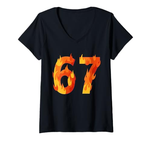 Damen 67 Meme Flames Lustiger Alpha-Slang von Six Seven Gen T-Shirt mit V-Ausschnitt Damen 67 Meme Flames Lustiger Alpha-Slang von Six Seven Gen T-Shirt mit V-Ausschnitt von Number 6 7 Trending Meme Dripping Fire Flames LDS