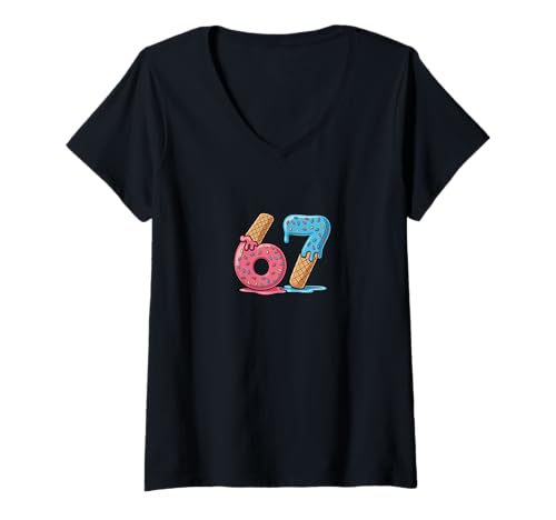 Damen Nummer 67 Ice Cream Drip Cool Meme Six Seven Gen Alpha Slang T-Shirt mit V-Ausschnitt von Number 6 7 Trending Meme Dripping IceCream Graphic