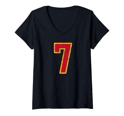 Damen Knallrot Gold Nummer 7 Trikot Spieleruniform #7 Grunge T-Shirt mit V-Ausschnitt Damen Knallrot Gold Nummer 7 Trikot Spieleruniform #7 Grunge T-Shirt mit V-Ausschnitt von Number 7 Jersey Player Uniform #7 Gifts
