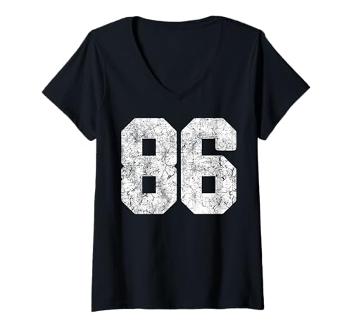Damen Weiße Trikot-Spieleruniform mit der Nummer 86 in Used-Optik #86 Grunge T-Shirt mit V-Ausschnitt von Number 86 Jersey Player Uniform #86 Gifts