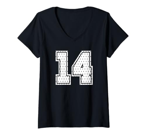 Damen Fußballtrikot Nummer 14 Sportmannschaft 14. Geburtstag T-Shirt mit V-Ausschnitt von Number Uniform Team Tees