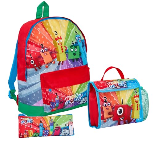 Numberblocks Rucksack + Lunchtasche + Federmäppchen Kinder Unisex 3-teiliges Kindergarten-Schultaschen-Set, blau, Einheitsgröße, Rucksack von Numberblocks
