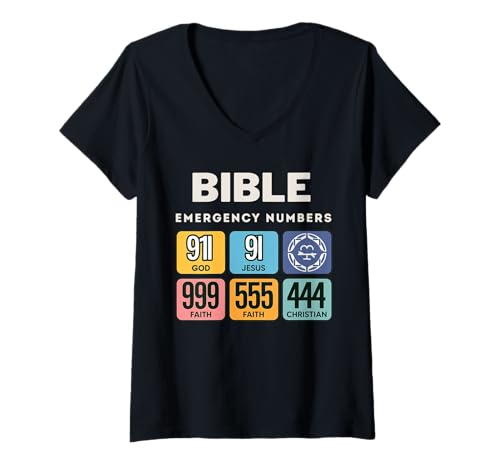 Damen Christliche Bibel Notfallnummern Bibel T-Shirt mit V-Ausschnitt Damen Christliche Bibel Notfallnummern Bibel T-Shirt mit V-Ausschnitt von Numbers Bible Emergency
