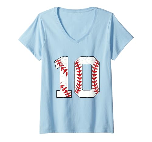 Damen Nummer #10 Baseball 10 Trikot Nummer Baseball Lover T-Shirt mit V-Ausschnitt Damen Nummer #10 Baseball 10 Trikot Nummer Baseball Lover T-Shirt mit V-Ausschnitt von Numbers Jersey Distressed Birthday Baseball Lovers