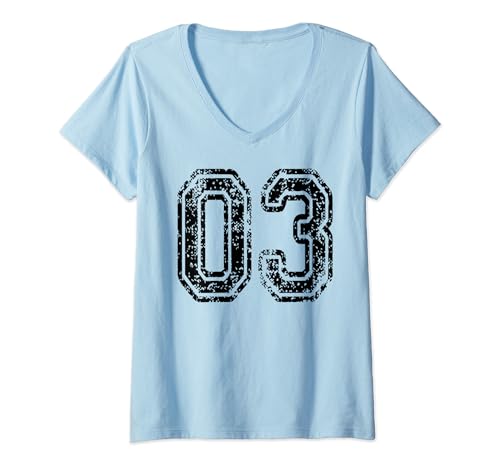 Damen #03 Grungy nummeriertes Sportteam auf beiden Seiten in schwarz T-Shirt mit V-Ausschnitt von Numbers and Letters