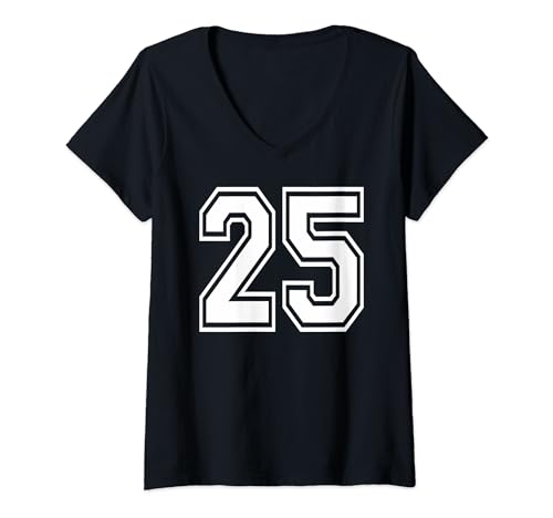 Damen #25 nummeriertes College Sports Team weiß vorne und hinten T-Shirt mit V-Ausschnitt von Numbers and Letters
