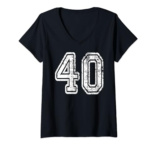 Damen #40 Grungy nummeriertes Sportteam weiß vorne und hinten T-Shirt mit V-Ausschnitt von Numbers and Letters