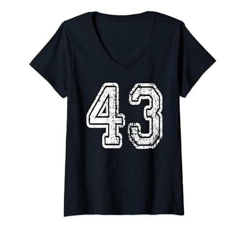 Damen #43 Grungy nummeriertes Sportteam weiß vorne und hinten T-Shirt mit V-Ausschnitt von Numbers and Letters