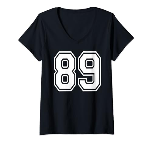 Damen #89 nummeriertes College Sports Team weiß vorne und hinten T-Shirt mit V-Ausschnitt von Numbers and Letters
