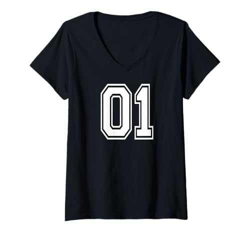 Damen Nummer 01 Sportmannschaft Style in weiß T-Shirt mit V-Ausschnitt von Numbers and Letters