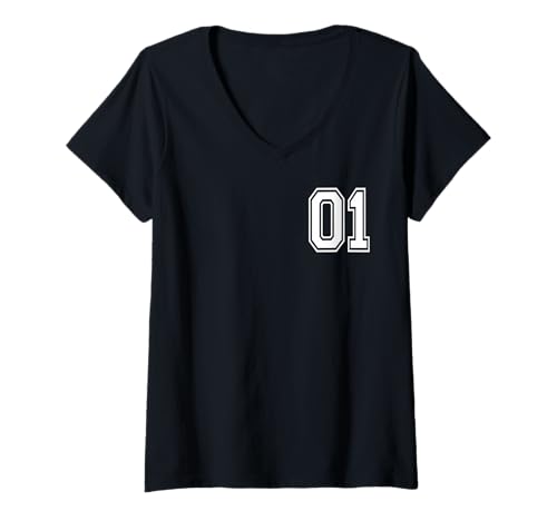 Damen Nummer 01 Sportmannschaft Style in weiß T-Shirt mit V-Ausschnitt von Numbers and Letters
