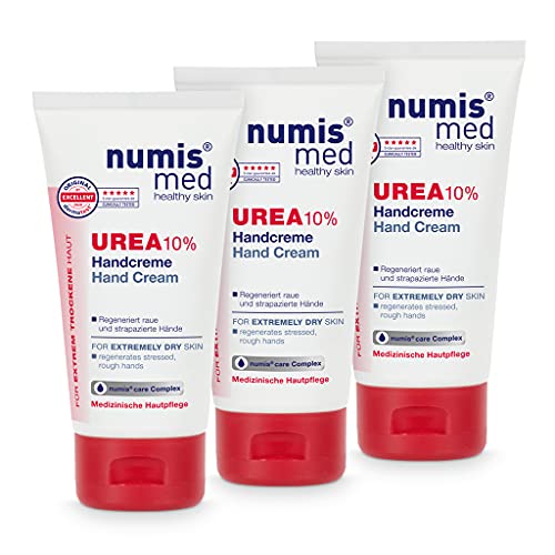 numis med Handcreme mit 10% Urea - 3er Pack Hautberuhigende Hand Creme für sehr trockene & strapazierte Hände - vegane Hautpflege ohne Silikone, Parabene & Mineralöl (3x 75 ml) von numis med