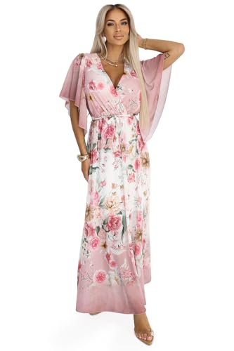 Numoco Luftiges Wickel-Maxikleid Fleur Chiffon-Kleid Boho-Kleid mit Blumen Sommerkleid Partykleid, Altrosa, Gr. S-L von Numoco