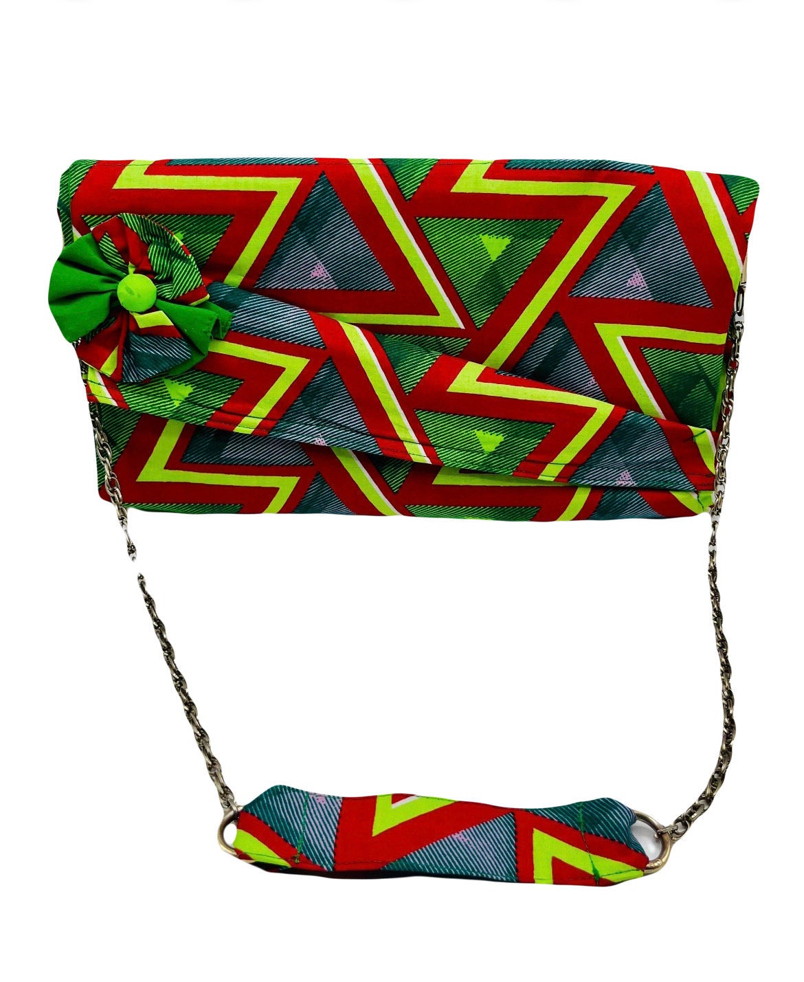 Handgemachte Schultertasche Ankara Grün Zick-Zack-Muster, Kettenhenkel von Nunacelle