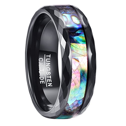 NUNCAD Men Ring Fashion Unisex Ring aus Wolfram schwarz 8mm breit mit irisierter Abalone-Muschel perfekt für Hochzeit Verlobung Lifestylel Hobby Größe 58 (18.5) von NUNCAD